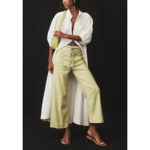 Anthropologie Maeve Colette Cropped Wide Leg Pants Womens 32 LINEN EDITION Lime